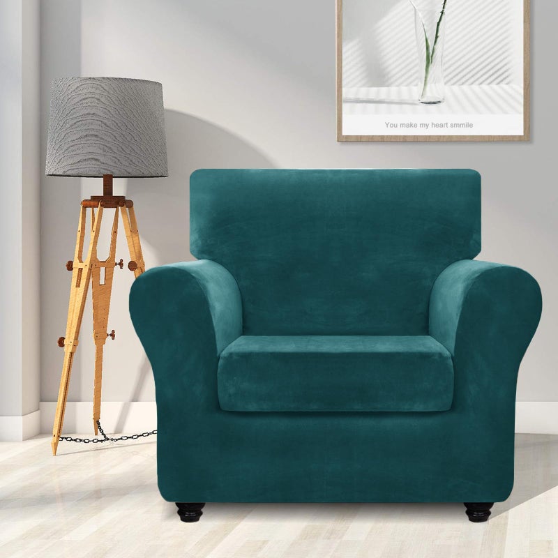 ZNSAYOTX Luxury Velvet Chair Slipcovers with Arms 2 Piece Stretch Chair Covers for Living Room Soft Armchair Slipcover Anti Slip Dog Pet Friendly Furniture Protector (Deep Teal),30"-47"(1 Cushion) - Image 2